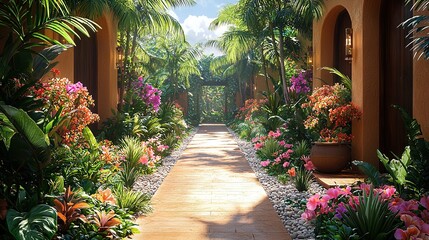 Fototapeta premium A pathway adorned with numerous blossoms adjacent to a dense, verdant woodland bursting with hues of pink and orange