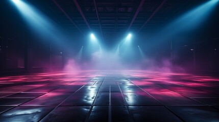 The dark stage shows, empty dark blue, purple, pink background, neon light, spotlights. The asphalt floor and studio room with smoke float up the interior texture for display products