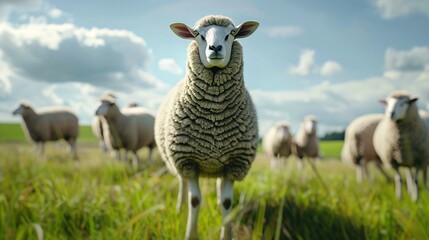 Fototapeta premium Sheep standing on a vibrant green meadow, photorealistic detail.