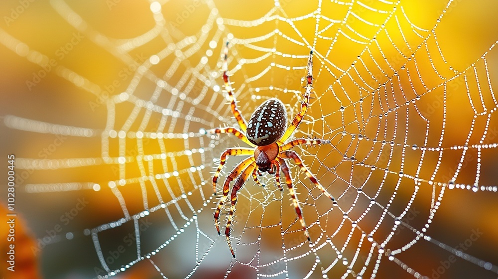 Wall mural in the middle of a spider web sits a spider, surrounded by the golden rays of the sun