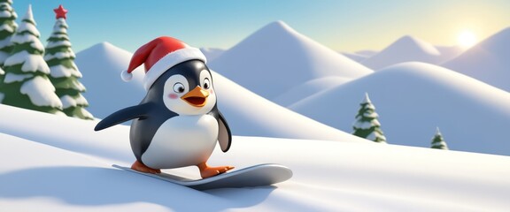 Naklejka premium Joyful Cartoon Penguin in Santa Hat