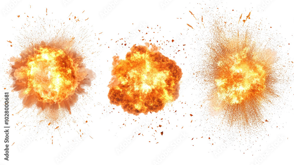Poster dynamic collection of fire explosions isolated on a white background generative ai