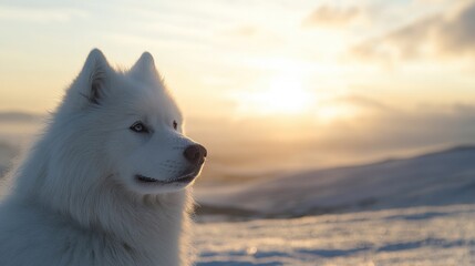 Obraz premium White Samoyed dog enjoying winter sunset over snowy landscape
