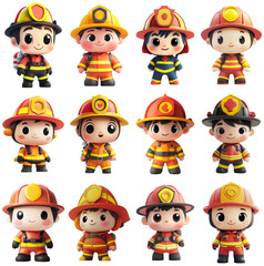 Obraz premium Cute Firefighter Cartoon Characters Set - Isolated Clear Background Illustration for Design Elements and Overlays