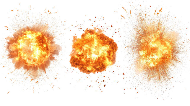 Dynamic Collection of Fire Explosions Isolated on a White Background Generative AI