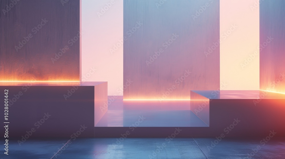 Poster abstract 3d rendering of empty podiums illuminated with orange and purple neon lights