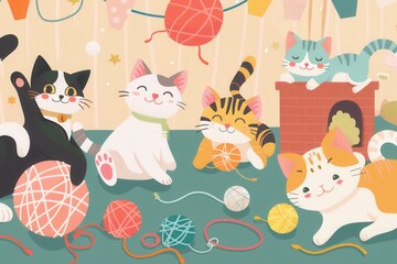 A group of cheerful cats engages with vibrant balls and yarn, creating a lively atmosphere in a warm, playful indoor space. Generative AI