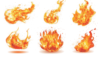 Collection of Vibrant Fire Flames Isolated on a White Background Generative AI