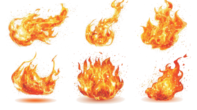 Collection of Vibrant Fire Flames Isolated on a White Background Generative AI