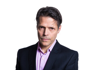 Middle-aged man looking at the camera, on white background, wearing formal clothes.