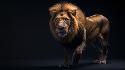 Fototapeta premium Lion on the move, side view, looking straight at the camera.