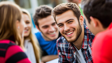 Fototapeta premium Cheerful young man laughing with friends in casual social setting