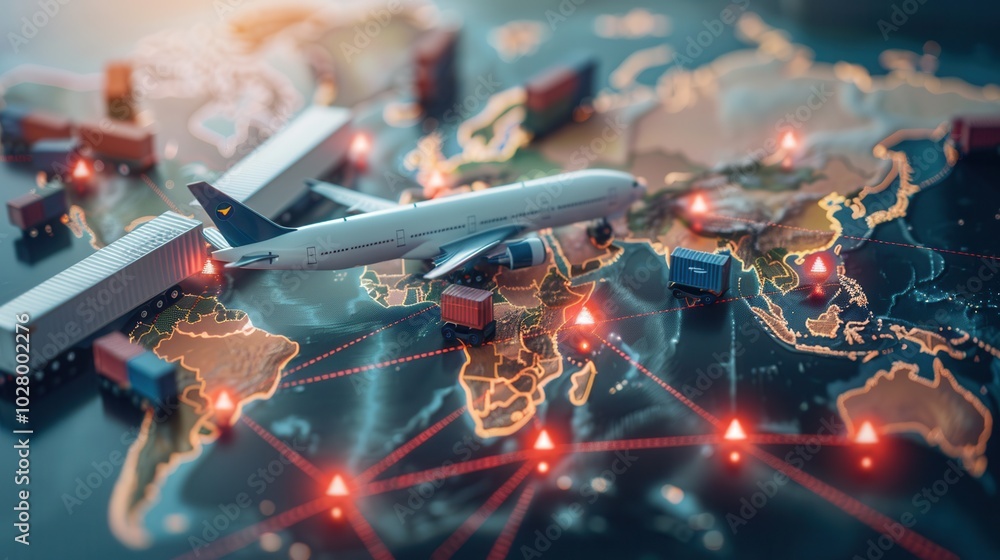 Aufkleber a world map highlights major transport routes with icons representing planes, ships, and trucks, sho