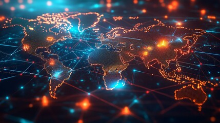 Obraz premium Digital World Map with Interconnected Network of Lines and Nodes