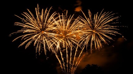 Fototapeta premium Vibrant Golden Fireworks Exploding in the Night Sky, Creating a Stunning Visual Display Against a Dark Background, Capturing the Magic and Celebration of Festive Events.