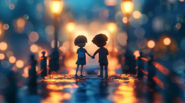 Two figures holding hands walk towards the glowing lights in the distance. AI.