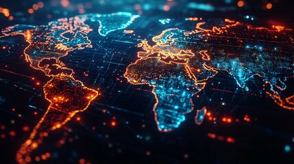 Digital World Map with Orange and Blue Glowing Lights
