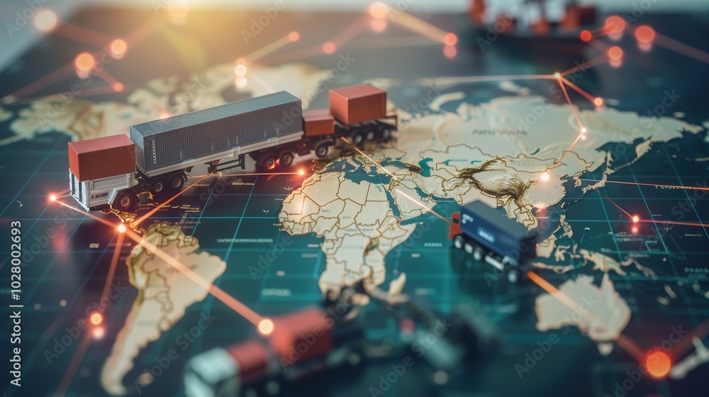 Aufkleber A world map highlights important transport routes with icons representing different modes of transportation across continents. Generative AI