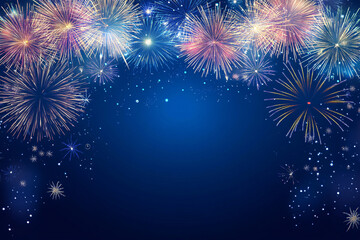 Fototapeta premium A vibrant display of colorful fireworks bursting in the night sky against a deep blue background creating a festive mood