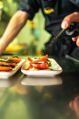 Fresh salads are being plated with care. Great for health-focused blogs, restaurant menus, or catering promotions.
