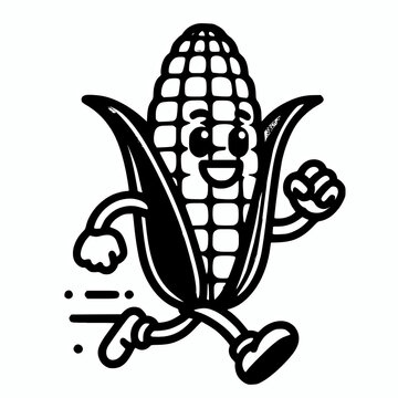 Running corn on the cob mascot character line art cartoon vector illustration