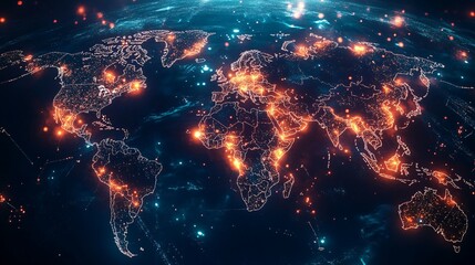 Illuminated World Map with Glowing Cities and Connections