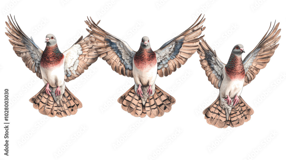 Poster collection of flying doves in a set on a white background generative ai