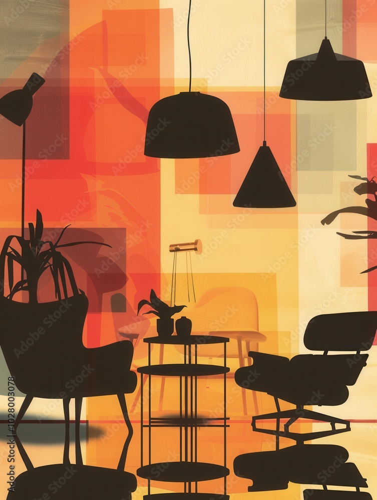 Aufkleber silhouettes of an armchair, table, and lamps are displayed against a soft gradient background, creat