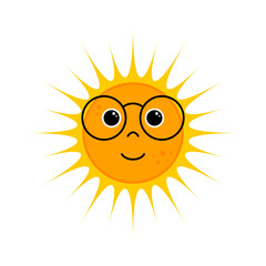 Cute orange sun with glasses in kawaii style. Symbol of sunshine, sunlight, joy, sunny weather. Vector illustration.