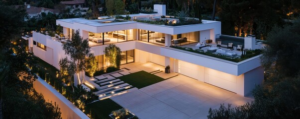 Fototapeta premium Wide view of a contemporary house with white walls, rooftop terrace, large garage, and a garden, illuminated by dusk lighting