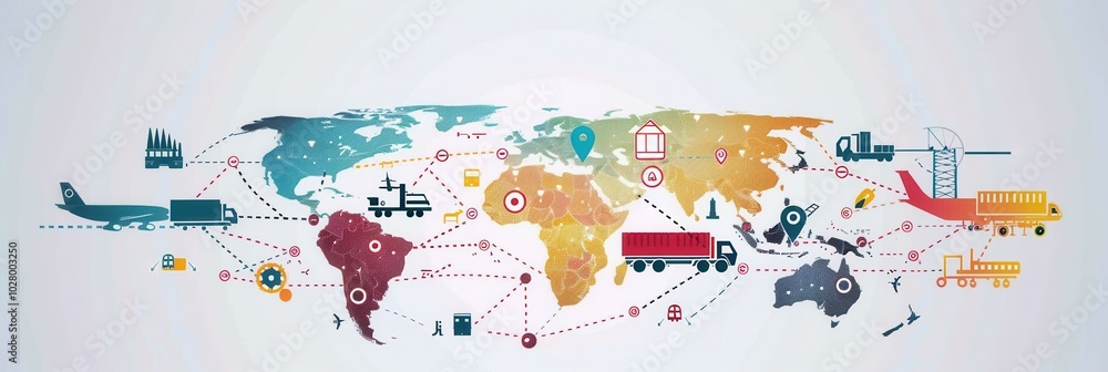 Fototapete a global map features highlighted transport routes marked by different icons, showcasing diverse tra