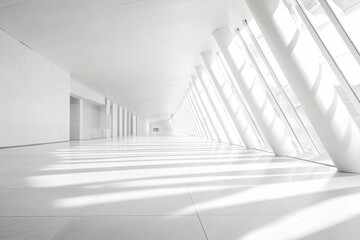 A modern white hallway with slanted beams and large windows allowing sunlight to cast shadows creating an open and bright space  
