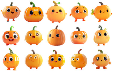 Fototapeta premium Cute Cartoon Pumpkin Characters Set with Transparent Background - Ideal for Halloween and Autumn Designs