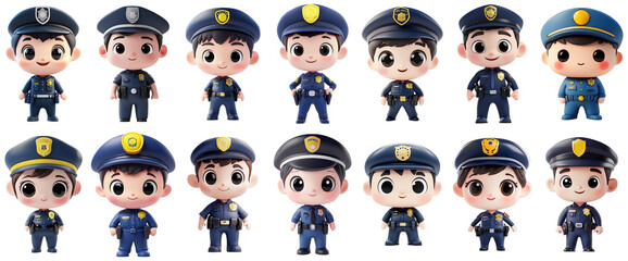 Cute Cartoon Police Officer Mini-Characters Set on Transparent Background for Design Projects