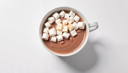 Top view of hot chocolate with marshmallows in a white cup on a white surface