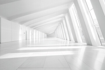 Obraz premium A bright, futuristic white corridor with large windows, geometric lines, and a minimalistic open layout, bathed in natural sunlight 