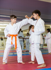 Two young boys in kimono sparring during karate training.