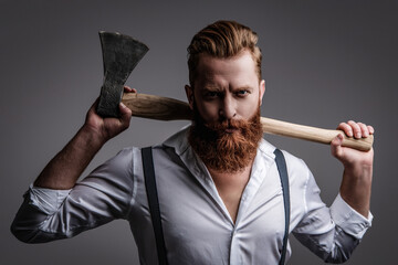 Masculine energy. Retro style. Handsome and charismatic. Masculine man. Masculinity of bearded man...