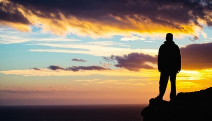 Fototapeta premium Silhouette on Cliff at Sunset