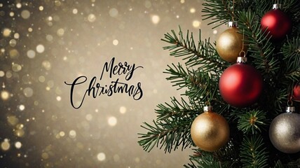 Christmas background with christmas tree and balls. Merry Christmas greeting card