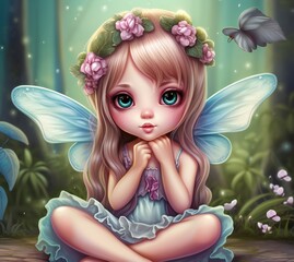 Fototapeta premium Cute sweet kawaii fairy girl with blonde hair, captivating with sparkling eyes