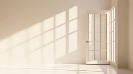 Fototapeta premium An empty room with light beige wall is bathed in sunlight from glass door. Concept minimalist setting for decor or product display. Interior background.