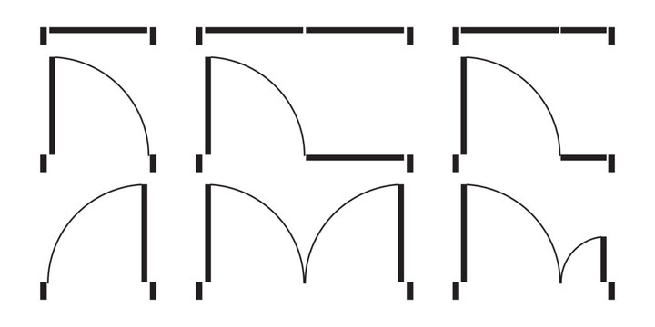 Set of open and closed door icons for floor plan project. Entrance or exit signs on floorplan in top view. Architecture elements for blueprint isolated on white background. Vector illustration