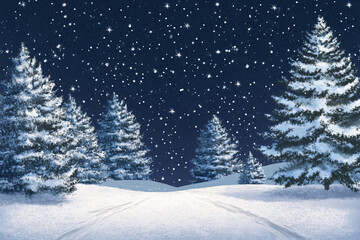 Fototapeta premium Snowy forest path under a starry night sky with tall, snow-covered pine trees lining the way, creating a peaceful winter scene 