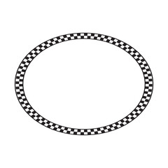 Elliptic frame with black and white checkered print. Oval vignette with checkerboard, race flag or chess game board squares pattern. Geometric framework. Vector graphic illistration