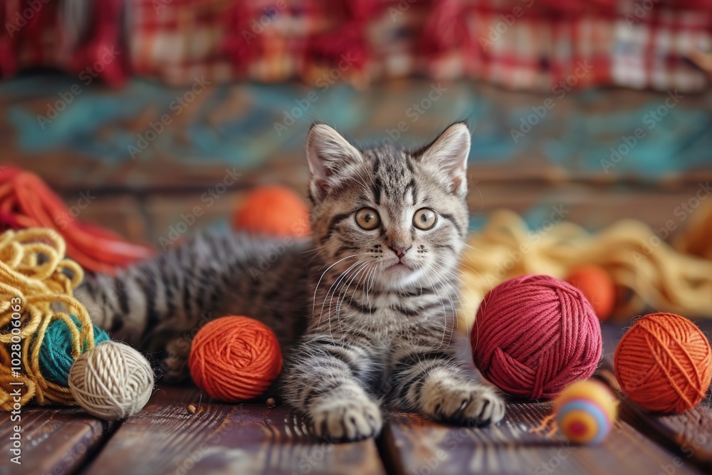 Poster two lively kittens are engaged with vibrant yarn and playful balls, enjoying their entertaining time