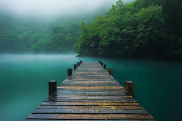 Fototapeta premium Wooden pier extending into a misty lake surrounded by lush green forest on a foggy day. Serene and tranquil landscape ideal for nature, relaxation, and meditation concepts