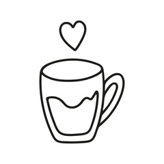 Simple hand drawn coffee cup or tea with heart. Beverage doodle illustration