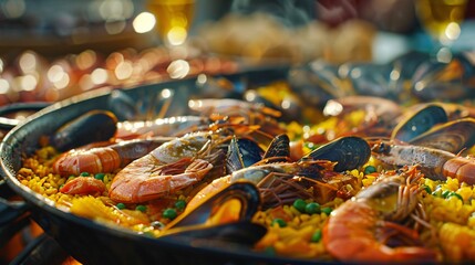 Spanish seafood paella with a closeup perspective.