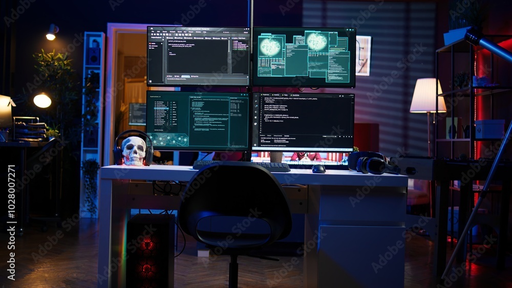 Poster lines of code running on computer monitors in empty room used by cybercriminal stealing sensitive in